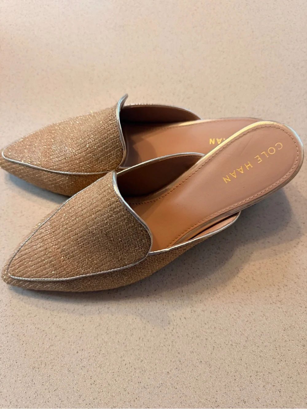 Cole Haan Tan Woven Pointed Mules with Gold Trim